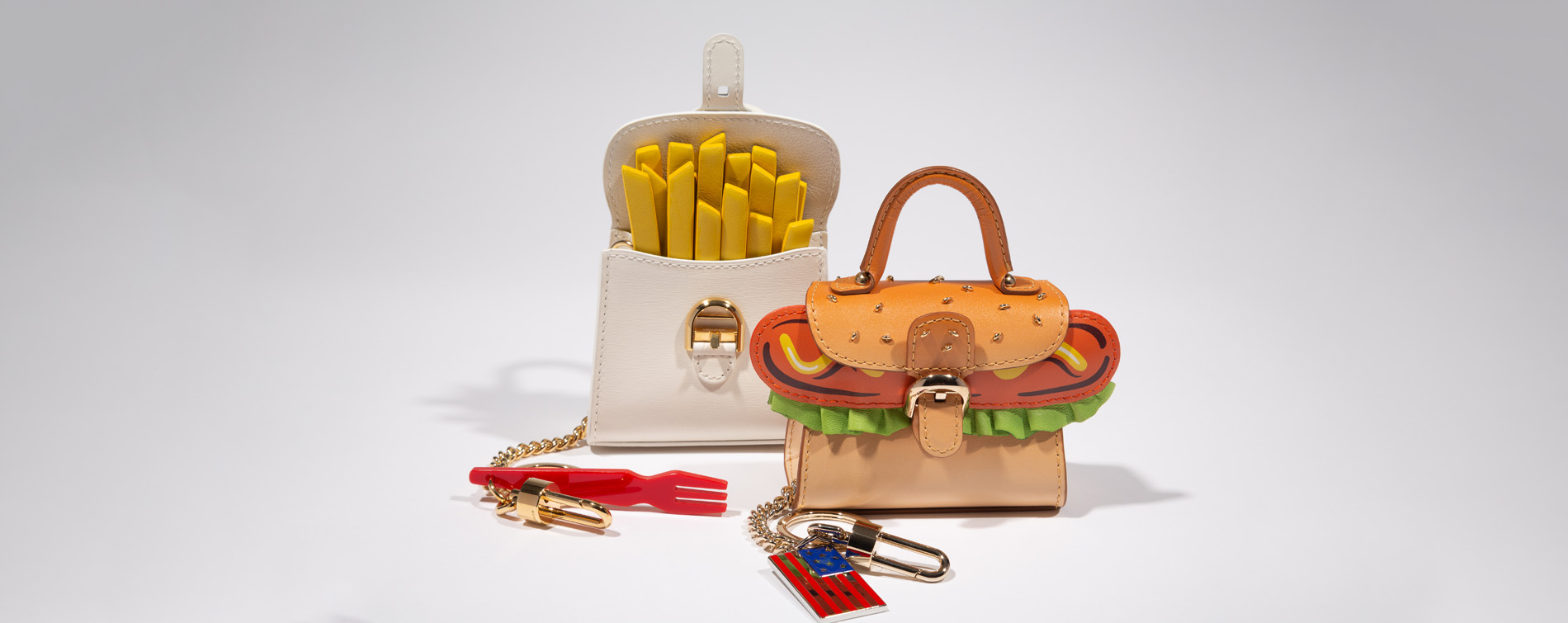 Delvaux, French fries and burger miniature leather bags, 2017, Belgium. Gift of Delvaux